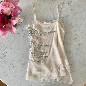 White sequin bead embellished silk tank top cami